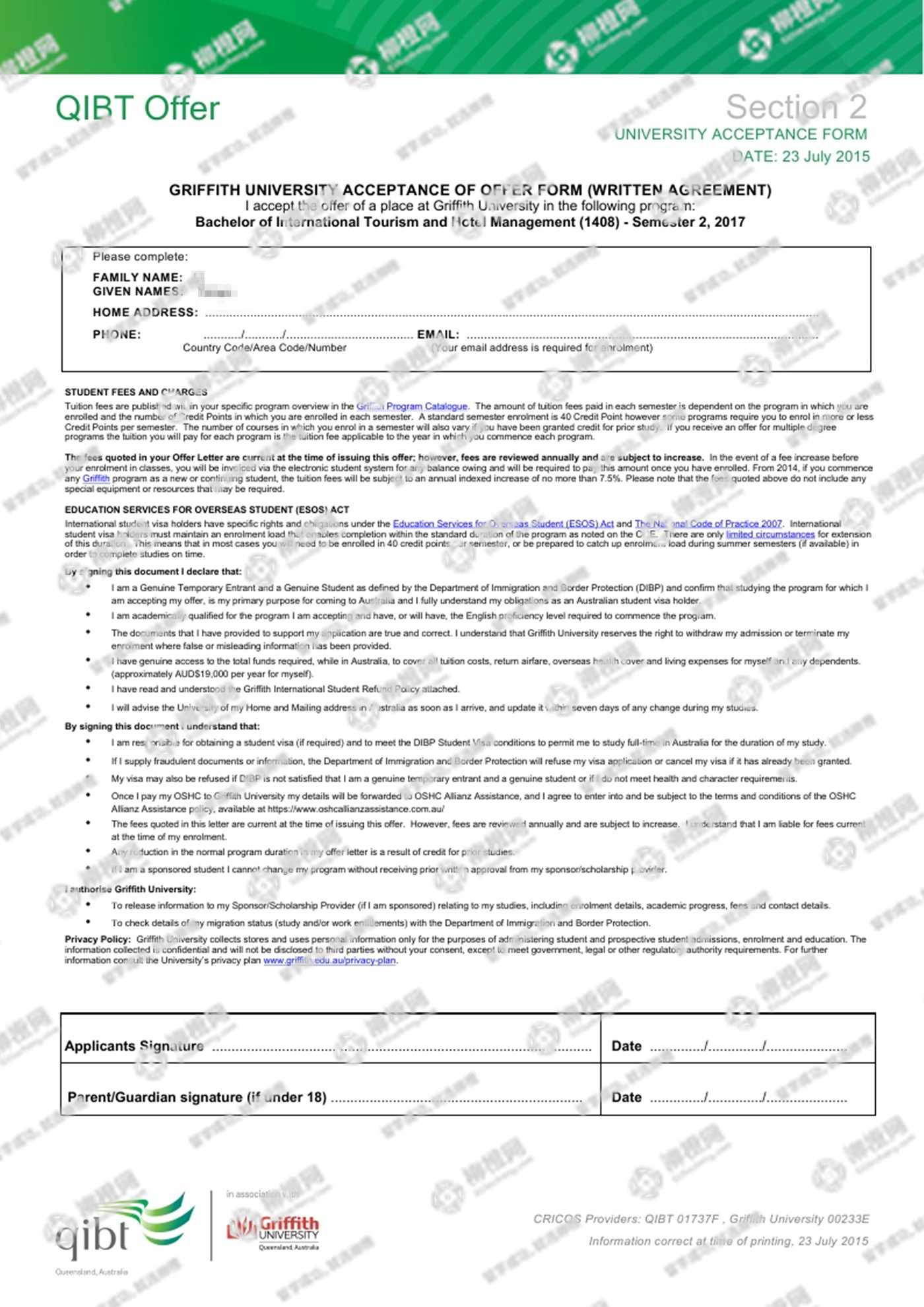 李同学澳洲格里菲斯大学offer