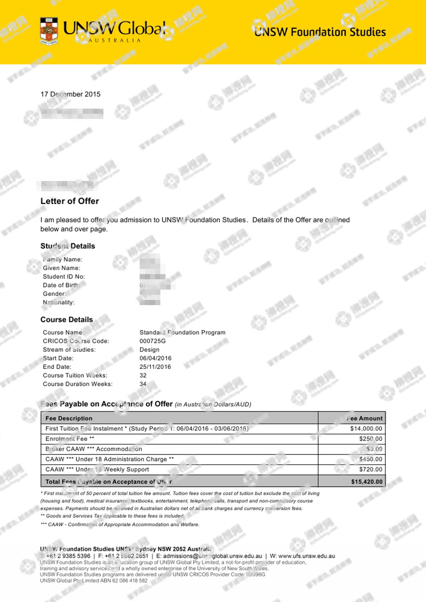 宋同学澳洲新南威尔士大学预科offer